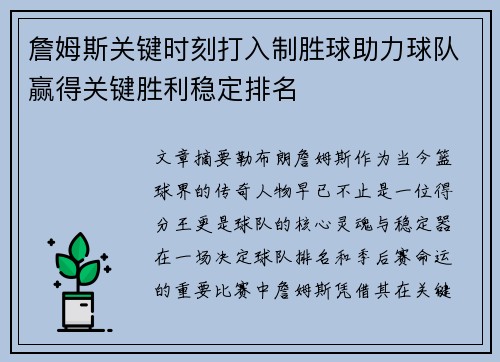 詹姆斯关键时刻打入制胜球助力球队赢得关键胜利稳定排名